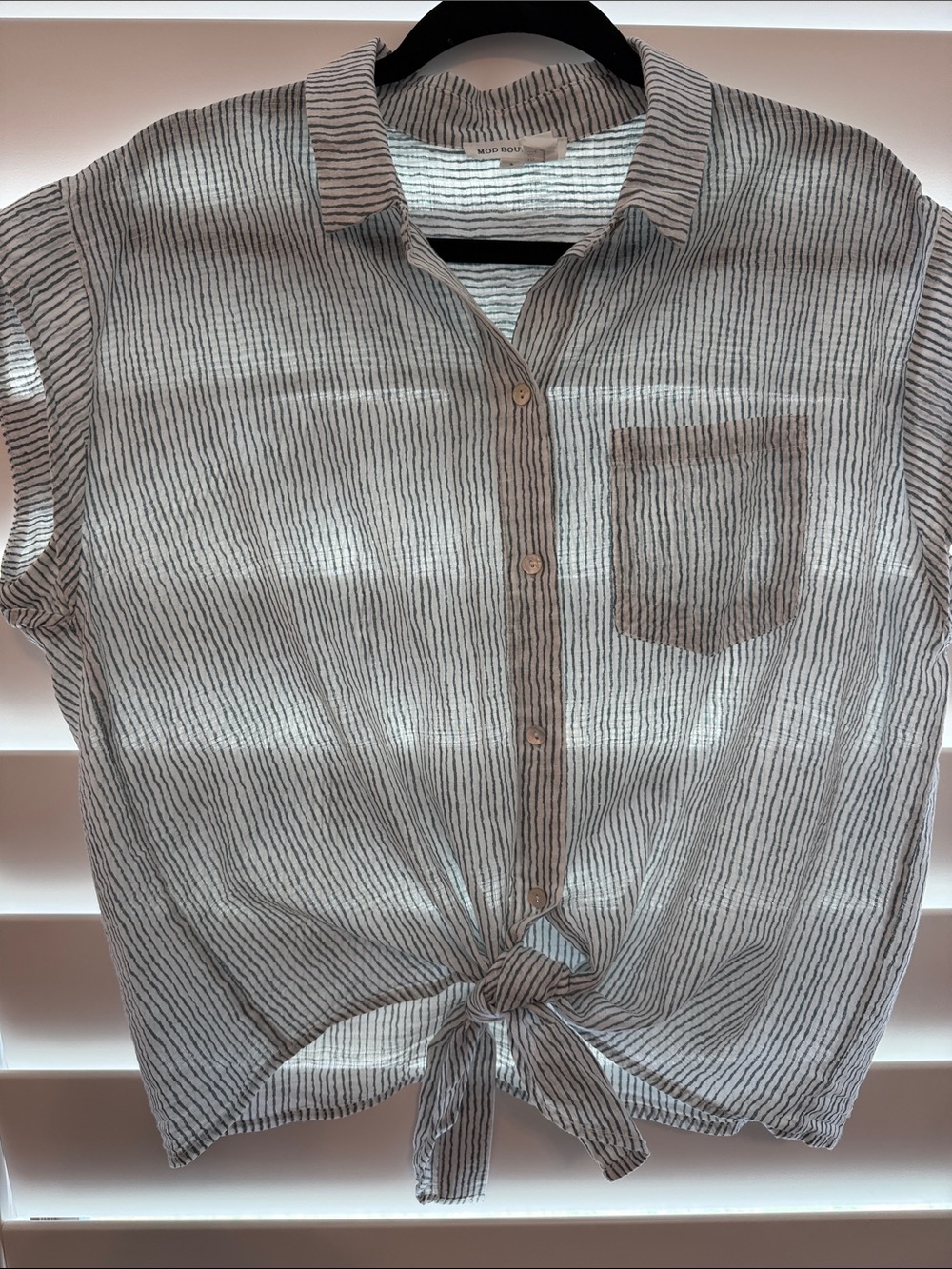 Striped Tie-Front Button-Down Shirt — White and Black